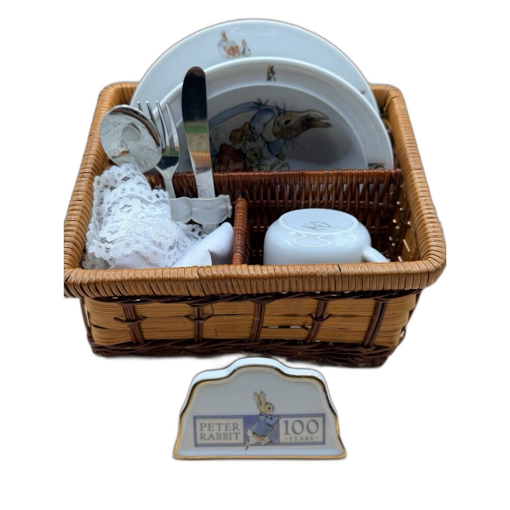 Peter Rabbit 100 Years Children’s Dish Set Wicker Basket Plate Bowl Cup Flatware